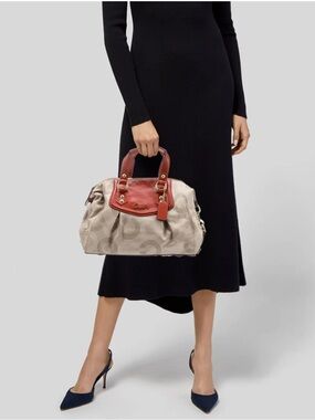 Coach Ashley Dotted Op Art Satchel Bag Canvas Orange Leather Accents EUC $495